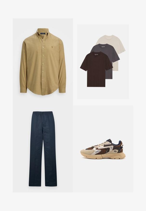 Gaiši brūns, garām piedurknēm pogājams krekls ar apkakles kaklu, izgatavots no teksturēta auduma. Iezīmēts ar mazu logo uz krūtīm.; YOURTURN UNISEX 3 PACK BASIC OVERSIZED T-SHIRT - Pamata T-krekls - dark brown/off-white/dark grey; Navy zils linu bikses ar brīvu piegriezumu, elastīgu jostu un vienu pogu. Iespējas taisnas kājas un minimāla tekstūra.; Beige un brūni sneakeri ar teksturētām režģu paneļiem, zamšādas akcentiem un gumijas zoli. Iezīmes auklu dizains un zīmola detaļas.