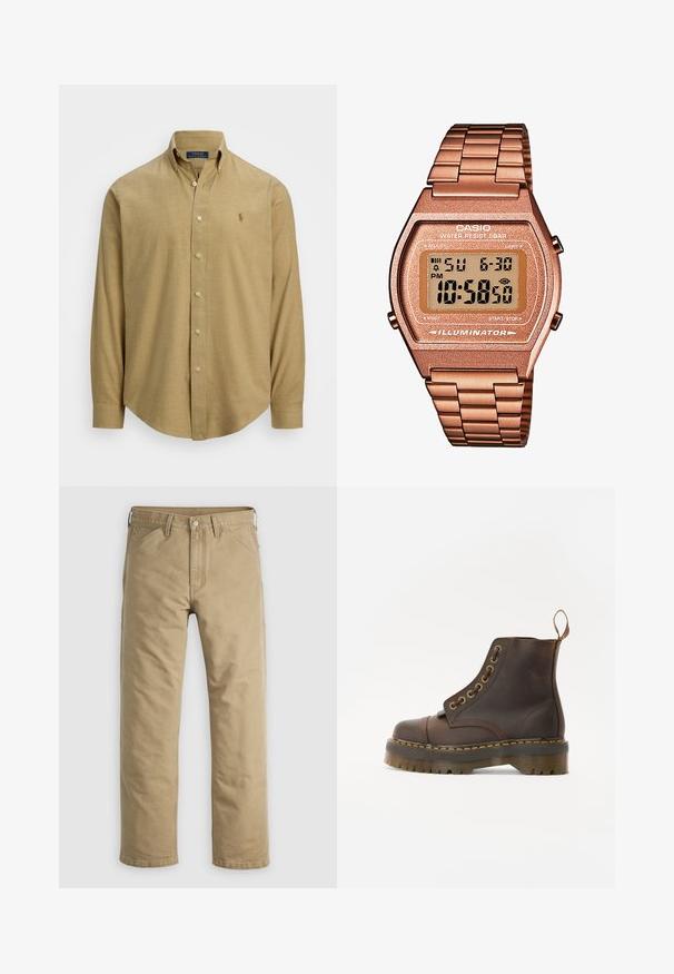 Světle hnědá košile s dlouhým rukávem a knoflíky, s límečkem, vyrobená z texturované tkaniny. Na hrudi je malá značka.; Khaki bavlněné kalhoty s rovným střihem nohavic, předními kapsami a zapínáním na knoflík. Hladká textura a zesílené švy pro odolnost.; Hnědá kožená kotníková bota s kulatou špičkou, kontrastním žlutým švem, dekorativními kovovými očky a drážkovanou gumovou podrážkou.; Digitální hodinky Casio s kovovým řemínkem v růžovém zlatě, obdélníkovým pouzdrem, podsvíceným displejem a vodotěsností, zobrazující čas a datum.