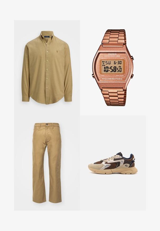 Light brown, long-sleeved button-down shirt with a collared neckline, made of a textured fabric. Features a small logo on the chest.; Khaki trousers made of cotton. Straight cut with a waistband and front pockets. Features a single back pocket and subtle stitching details.; Beige and brown sneaker with textured mesh panels, suede accents, and a rubber sole. Features lace-up design and branded detailing.; Digital Casio watch with a rose gold metal band, rectangular case, illuminated display, and water resistance, showing time and date.