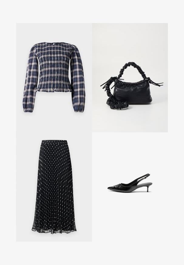 Blusa a maniche lunghe a scacchi blu navy con corpo smockato e polsi arr gathered, con chiusura a bottone a chiave sul retro del collo.; Gonna midi plissè nera con motivo a pois bianchi, dotata di una vita elasticizzata per una vestibilità flessibile. Tessuto leggero e fluido.; Tacchi slingback in pelle nera con punta affusolata, piccolo tacco kitten e un dettaglio a nodo decorativo sulla parte anteriore. Texture liscia su tutta la superficie.; Borsa a tracolla in ecopelle nera con texture a coccodrillo, apertura cinchata e tracolla arricciata. Si presenta con un design morbido e compatto.
