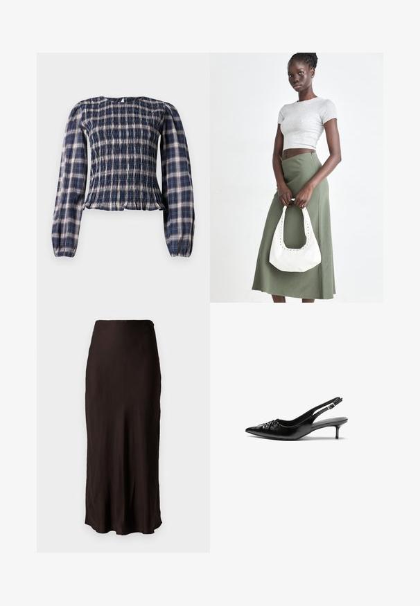 Navy blue plaid long-sleeve blouse with smocked bodice and gathered cuffs, featuring a small keyhole button closure at the back neckline.; Black, mid-length skirt made of smooth, lightweight fabric with a straight shape and side slit. Features a simple waistband.; Black leather slingback heels with a pointed toe, small kitten heel, and a decorative knot detail on the front. Smooth texture throughout.; Gray ribbed crop top and olive green high-waisted skirt. Model holds a white shoulder bag with cut-out detailing. Simple design, fitted silhouette.