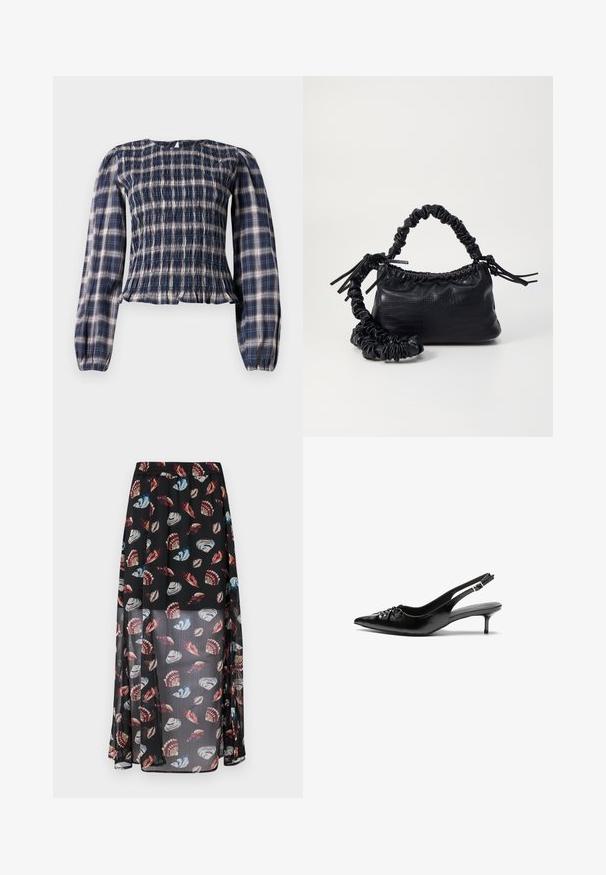 Bluză cu maneci lungi, în carouri de culoare bleumarin, cu bust elastic și manșete plisate, având un mic închizător cu buton, sub formă de gaică, la gâtul din spate.; Fustă maxi neagră, transparentă, cu un bandă elastică, care prezintă un imprimeu multicolor cu scoici și fluturi. Material ușor și fluid.; Cizme slingback din piele neagră, cu vârf ascuțit, toc mic de tip kitten heel și un detaliu decorativ sub formă de nod în față. Textură netedă pe întreaga suprafață.; Geantă din faux leather neagră cu textură de crocodil, cu partea superioară strânsă și o curea mototolită. Pare moale și compactă ca design.