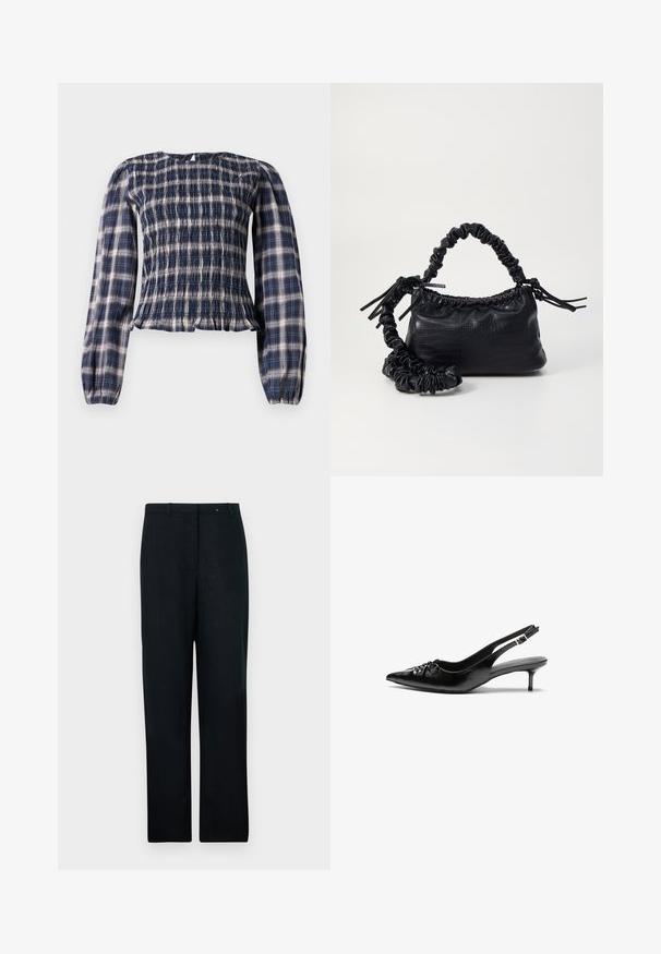 Navy blue plaid long-sleeve blouse with smocked bodice and gathered cuffs, featuring a small keyhole button closure at the back neckline.; Black linen trousers with a straight-leg design, featuring a flat front, belt loops, and a single front pleat. Smooth texture, tailored fit.; Black leather slingback heels with a pointed toe, small kitten heel, and a decorative knot detail on the front. Smooth texture throughout.; Black faux leather handbag with a crocodile texture, cinched top, and a scrunched strap. Appears soft and compact in design.