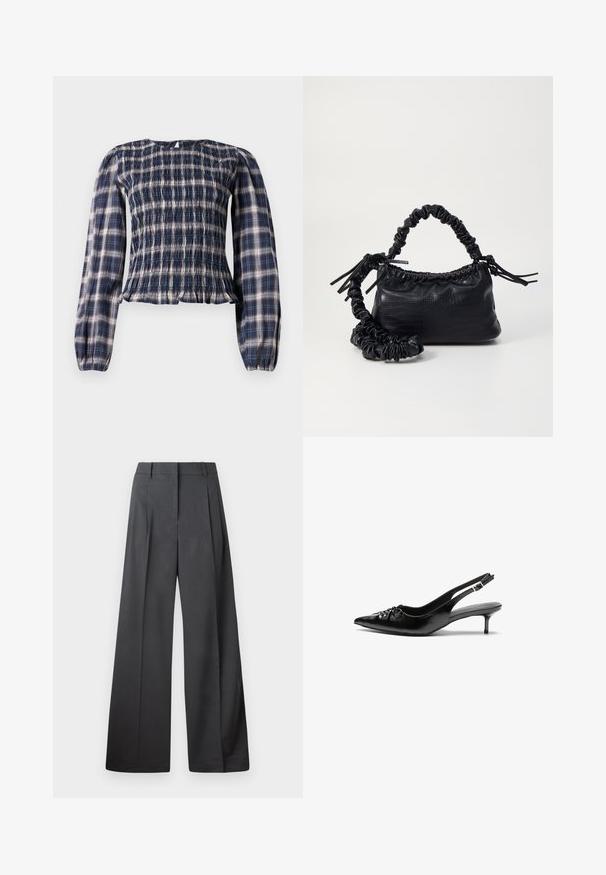 Navy blue plaid long-sleeve blouse with smocked bodice and gathered cuffs, featuring a small keyhole button closure at the back neckline.; Wide-leg trousers in dark gray fabric, featuring a high waist, single pleats, and a smooth texture with a clean finish at the hems.; Black leather slingback heels with a pointed toe, small kitten heel, and a decorative knot detail on the front. Smooth texture throughout.; Black faux leather handbag with a crocodile texture, cinched top, and a scrunched strap. Appears soft and compact in design.
