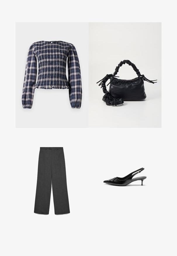 Tengerészkék kockás, hosszú ujjú blúz, smokkos mellrésszel és ráncolt mandzsettával, hátul kis lyukgombos záródással a nyakkivágásnál.; Sötétszürke anyagból készült, bőszárú nadrág, gombos záródással, sima elülső résszel és függőleges textúrával. Egyenes szabású, minimális díszítéssel.; Fekete bőrből készült slingback magassarkú cipők hegyes orral, kis francia sarokkal és díszes csomóval az elején. Az egész felületen sima textúra.; Fekete műbőr kézi táska krokodil bőr textúrával, összehúzható tetejű és gyűrt pánttal. Lágy és kompakt dizájnúnak tűnik.