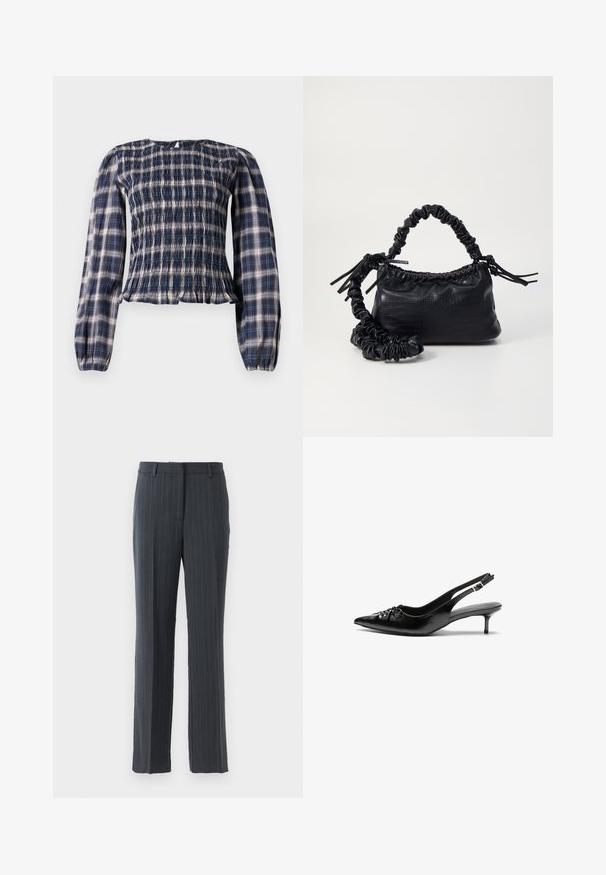 Blusa a maniche lunghe a scacchi blu navy con corpo smockato e polsi arr gathered, con chiusura a bottone a chiave sul retro del collo.; Pantaloni da abito dritti grigio scuro con righe sottili, dotati di passanti per cintura e chiusura frontale con zip, su uno sfondo bianco.; Tacchi slingback in pelle nera con punta affusolata, piccolo tacco kitten e un dettaglio a nodo decorativo sulla parte anteriore. Texture liscia su tutta la superficie.; Borsa a tracolla in ecopelle nera con texture a coccodrillo, apertura cinchata e tracolla arricciata. Si presenta con un design morbido e compatto.