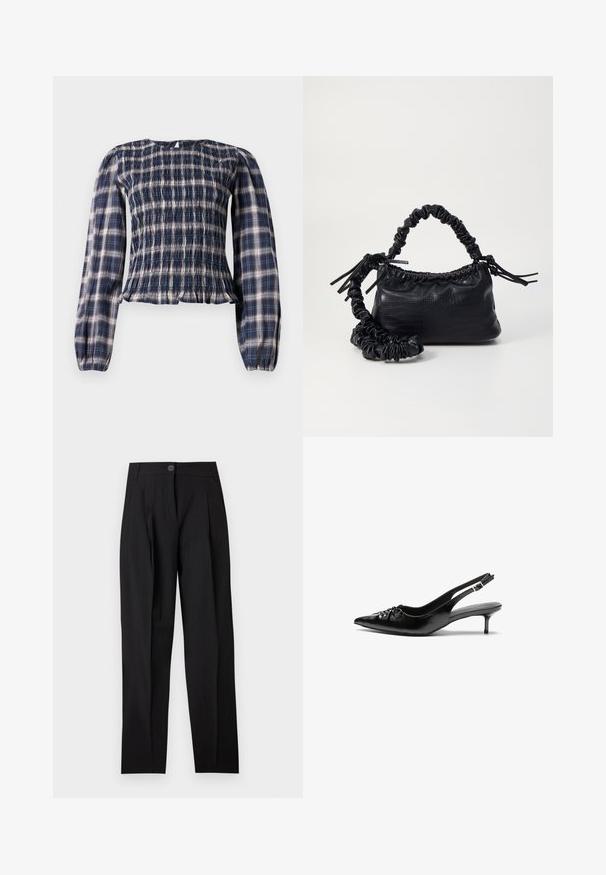 Tmavomodrá kostičkovaná blůza s dlouhým rukávem a nabíraným trupem, s malým klíčkovým zapínáním na knoflík vzadu u výstřihu.; Černé kalhoty na míru s vysokým pasem, záhyby a zapínáním na knoflíky. Vyrobené z hladké látky s rovnými nohavicemi a bez viditelných vzorů.; Černé kožené lodičky na slingback s špičatou špičkou, malým podpatkem typu kitten a ozdobným uzlem na přední straně. Hladký povrch po celém obvodu.; Černá kabelka z umělé kůže s krokodýlím vzorem, staženým vrškem a zmačkaným popruhem. Zdá se, že má měkký a kompaktní design.