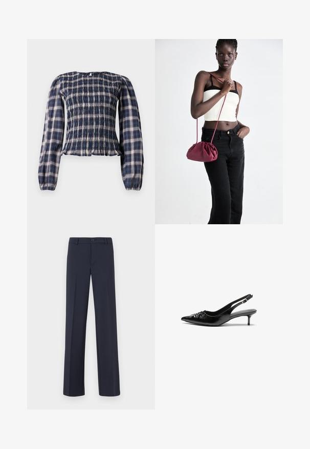 Navy blue plaid long-sleeve blouse with smocked bodice and gathered cuffs, featuring a small keyhole button closure at the back neckline.; Navy blue, straight-leg trousers made from a smooth fabric. Features a front button closure and side pockets. Simple and modern design.; Black leather slingback heels with a pointed toe, small kitten heel, and a decorative knot detail on the front. Smooth texture throughout.; Burgundy soft fabric handbag with a gathered design and a long strap, worn crossbody. Model wears a white crop top and black jeans.
