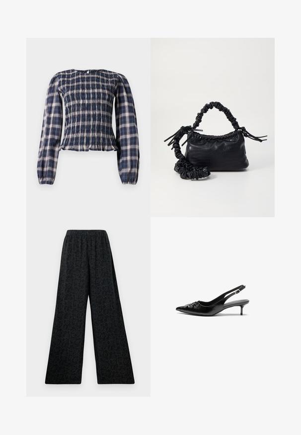 Tmavomodrá kostičkovaná blůza s dlouhým rukávem a nabíraným trupem, s malým klíčkovým zapínáním na knoflík vzadu u výstřihu.; Černé kalhoty s širokými nohavicemi a elastickým pasem, které mají jemný květinový vzor vyznačený tmavšími odstíny. Hladká textilie.; Černé kožené lodičky na slingback s špičatou špičkou, malým podpatkem typu kitten a ozdobným uzlem na přední straně. Hladký povrch po celém obvodu.; Černá kabelka z umělé kůže s krokodýlím vzorem, staženým vrškem a zmačkaným popruhem. Zdá se, že má měkký a kompaktní design.