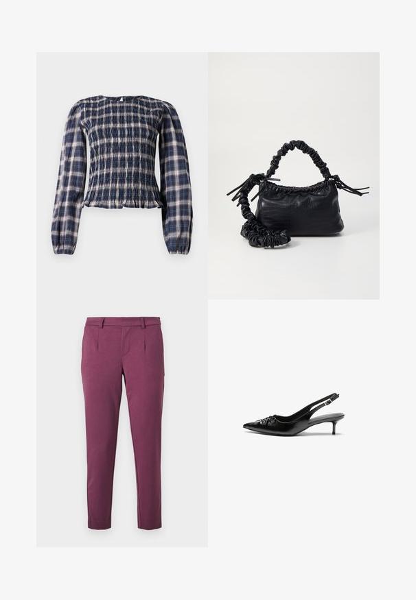 Blusa de manga longa xadrez azul marinho com corpete franzido e punhos franzidos, apresentando um pequeno fecho de botão em forma de chave na parte de trás do decote.; Calças retas, na cor ameixa, com passantes de cinto, bolsos laterais e uma cintura ajustada, contra um fundo branco.; Sapatos de salto alto slingback em couro preto com bico fino, pequeno salto kitten e um detalhe decorativo em forma de nó na parte da frente. Textura suave em toda a parte.; Bolsa de mão em couro sintético preto com textura de crocodilo, topo franzido e alça enrugada. Apresenta um design suave e compacto.