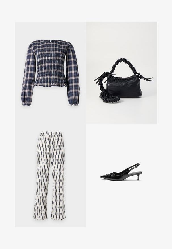 Navy blue plaid long-sleeve blouse with smocked bodice and gathered cuffs, featuring a small keyhole button closure at the back neckline.; Wide-leg pants in a cream fabric, featuring a repetitive navy teardrop pattern. Elastic waistband and soft texture enhance comfort.; Black leather slingback heels with a pointed toe, low kitten heel, and gathered detail on the vamp. Smooth texture and minimalist design.; Black faux leather handbag with a crocodile texture, cinched top, and a scrunched strap. Appears soft and compact in design.