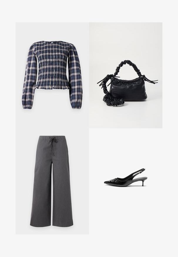 Tummansininen ruudullinen pitkähihaisbluus, jossa on smokattupinta ja kerätty hihansuu, sekä pieni avainaukko-napitus takana kaula-aukon kohdalla.; Hiblandist, tummanharmaat housut, jotka on valmistettu pehmeästä kankaasta. Housuissa on joustava vyötärö, jossa on nauha, sekä minimisia ompeluyksityiskohtia.; Mustat nahkaiset slingback-korkokengät, joissa on terävä kärki, pieni kitten-korko ja koristeellinen solki edessä. Yksinkertainen pinta kauttaaltaan.; Must-have mustekahvi nahkalaukku krokotiiliaistalla, kiristetty yläosa ja rypistetty hihna. Näyttää pehmeältä ja kompaktilta muotoilultaan.