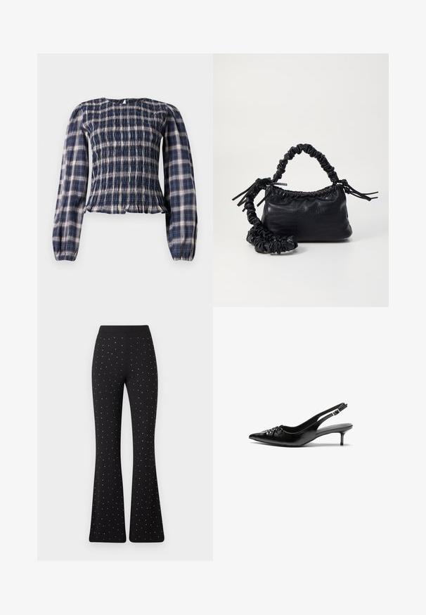 Námornícky modrá kockovaná blúzka s dlhým rukávom, so smockovaným predným dielom a zberanými manžetami, s malým zamačknutím na zadnej časti výstrihu.; Čierne rozšírené nohavice s rovnomerne rozmiestnenými malými bielymi bodkami a hladkým pásom na bielom pozadí.; Čierne kožené slingback podpätky s ostrou špičkou, malým podpatkom a dekoratívnym uzlom vpredu. Hladký povrch po celom obvode.; Čierna umelá kožená kabelka s kroko vzorom, sťahovaným vrchom a zhnutým popruhom. Vyzerá mäkko a kompaktné v dizajne.