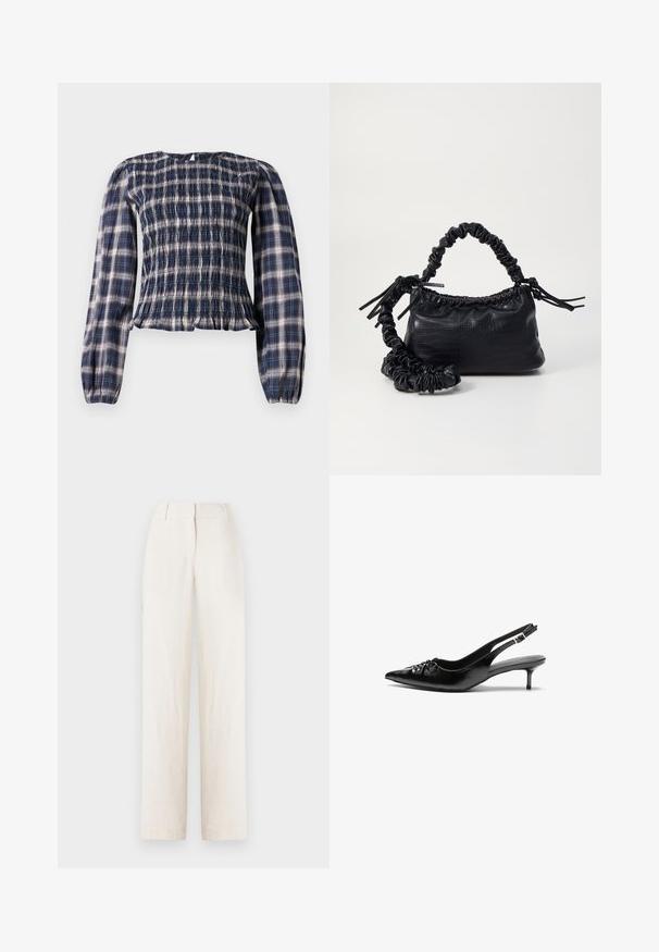 Tengerészkék kockás, hosszú ujjú blúz, smokkos mellrésszel és ráncolt mandzsettával, hátul kis lyukgombos záródással a nyakkivágásnál.; Világos bézs színű vászon nadrág, egyenes szabású dizájnnal, amely derékpánttal és elülső pliszékkel rendelkezik a részletgazdagság érdekében.; Fekete bőrből készült slingback magassarkú cipők hegyes orral, kis francia sarokkal és díszes csomóval az elején. Az egész felületen sima textúra.; Fekete műbőr kézi táska krokodil bőr textúrával, összehúzható tetejű és gyűrt pánttal. Lágy és kompakt dizájnúnak tűnik.