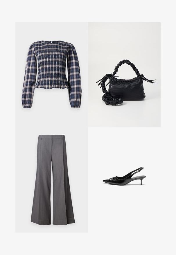 Tamsiai mėlynos spalvos langelių rašto ilgomis rankovėmis bluzonė su smulkiai rauktu kūnu ir surinktomis rankovėmis, su mažomis skylutėmis mygtukams uždaryti kaklo gale.; Pilki plačios kojos kelnių pagaminti iš tekstūrinio audinio, su aukštu liemeniu ir priekinėmis raukšlėmis. Apačia tvarkingai apdirbta be papildomų akcentų.; Juodos odinės slingback aukštakulniai su smailiu nosiu, mažais katės kulnais ir dekoratyvine mazgo detale priekyje. Visas paviršius lygus.; Juodas dirbtinės odos rankinė su krokodilo tekstūra, sušnibždinta viršuje ir susikraipytu dirželiu. Atrodo minkšta ir kompaktiška.