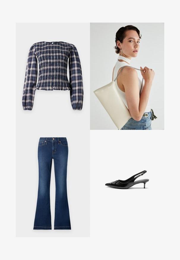 Mørkeblå ternet bluse med lange ærmer, smocket forstykke og samlet manchetter, der har en lille nøglehulsknaplukning i nakken.; Flared denim jeans i mørkeblå, med forlommer, metalknapper og subtile stiksyningsdetaljer. Cottonstof med en glat tekstur.; Sorte læderslippers med spidse tæer, lille kitten hæl og en dekorativ knude detalje foran. Glat tekstur hele vejen rundt.; Hvid rektangulær clutch-taske lavet af skinnende materiale, med en sølv kædetransport. Modellen poser, mens hun fremviser tasken mod en ensfarvet baggrund.