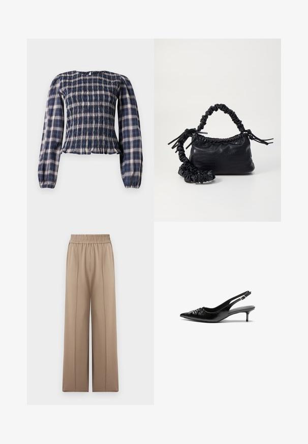 Navy blue plaid long-sleeve blouse with smocked bodice and gathered cuffs, featuring a small keyhole button closure at the back neckline.; Beige wide-leg pants with an elastic waistband, made of soft fabric, featuring front pleats for added texture and a smooth finish.; Black leather slingback heels with a pointed toe, small kitten heel, and a decorative knot detail on the front. Smooth texture throughout.; Black faux leather handbag with a crocodile texture, cinched top, and a scrunched strap. Appears soft and compact in design.
