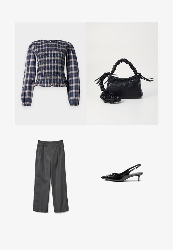 Temno modra karirana bluzica z dolgimi rokavi in smockanim pasom ter nabranimi manšetami, ki ima majhen ključavni gumb na zadnjem izrezu vratu.; Sive široke hlače narejene iz gladkega materiala, ki vključujejo dva sprednja karirasta šiva, dve gumbni na pasu in ravno rob.; Črne usnjene slingback pete z izostrenim nosom, majhno mačje peto in okrasno vozličasto podrobnostjo na sprednjem delu. Gladka tekstura po celotni površini.; Črna torbica iz umetnega usnja s krokodilovo teksturo, z zvitim vrhom in zmečkano naramico. Zdi se mehka in kompaktna v oblikovanju.