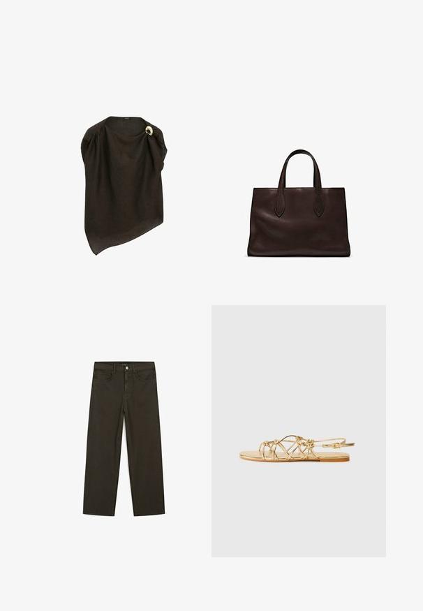 Brun linned poncho med asymmetrisk design og drapering. Har en guld cirkulær accentnål på skulderen. Letvægts tekstur.; Mørkegrønne brede jeans lavet af en bomuldsblanding, med en frontlukning med knap, fem lommer og klassisk denim-syning.; Guld, stribet flad sandal med vævet design, justerbar ankelrem, glat metallisk finish og en simpel flad sål.; Brun læder tote bag med to forlængede håndtag, struktureret rektangulær form, glat overflade og subtile syninger.