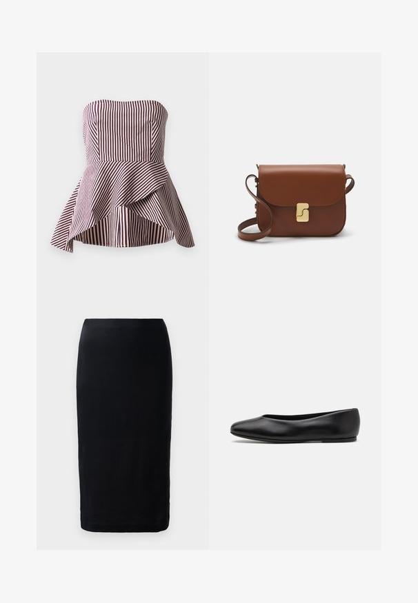 Haut peplum sans bretelles en rayures rouge foncé et crème, présentant un corsage ajusté et un ourlet évasé et superposé pour plus de texture.; Jupe crayon noire en tissu lisse, avec une coupe ajustée, un design arrivant au genou, et un ourlet simple sans motifs ni accents visibles.; Paul Smith TOPANGA - Ballerines - black; Sac à main en cuir marron avec une fermeture à rabat, des accents en métal doré, une bandoulière et une texture lisse. Forme rectangulaire compacte.