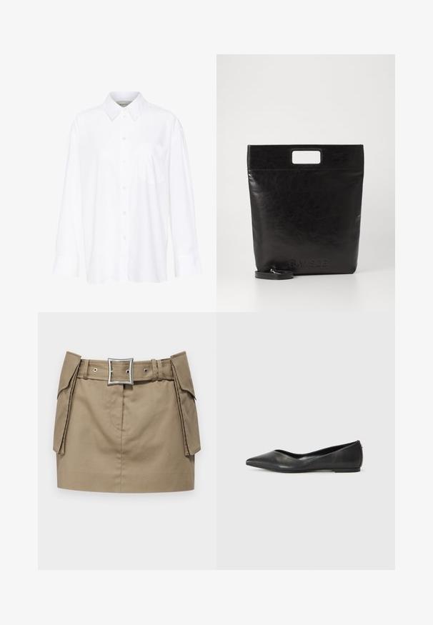 Cămașă albă cu mânecă lungă și guler, fabricată din bumbac. Are un închidere cu băta pe față și un singur buzunar pe piept. Textură netedă, croială lejeră.; Fustă mini khaki cu o curea lată, dotată cu o buclă pătrată din argint, buzunare laterale și o textură a materialului netedă și durabilă.; Balerini din piele neagră, cu vârf ascuțit, toc mic și textură netedă. Design minim cu un accent subtil pe lateral.; Geantă tote din piele neagră, cu un mâner pătrat, având un finisaj texturat și un logo embosat. Include o curea detasabilă.