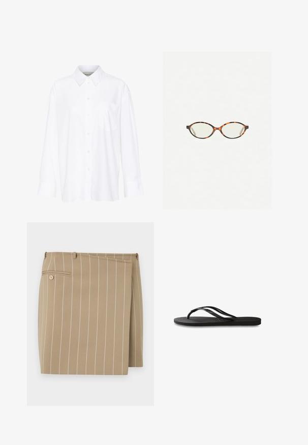 Chemise blanche à manches longues avec col, en coton. Présente un devant à boutons et une poche poitrine unique. Texture lisse, coupe décontractée.; Jupe beige avec des rayures blanches verticales, en tissu texturé. Présente un rabat à l'avant et une poche arrière avec un détail de bouton.; Tongs noires avec une semelle en caoutchouc texturée, deux fines lanières et un détail de logo embossé subtil sur la lanière.; Lunettes en écaille de tortue avec des verres ovales et une finition lisse et élégante. Présente des branches fines avec une courbure subtile au niveau des tempes. Verres transparents.; Sac à main en cuir noir avec une forme rectangulaire structurée. Équipé d'un fermoir ovale doré et d'une fine bandoulière. Texture lisse.