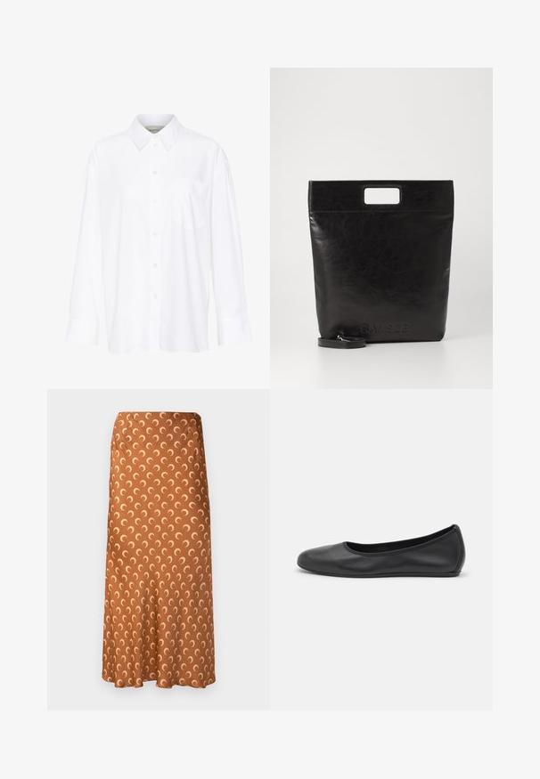 Vit långärmad skjorta med krage i bomull. Har en knapp-down fram och en enda bröstficka. Slät textur, avslappnad passform.; Brun satin maxikjol med ett repetitivt mönster av halvmånader i en ljusare nyans, med en slät textur och en flödande siluett.; Svart läderballerinaskor med rund tå, slät yta, minimala söm detaljer och en flexibel sula.; Svart läder tote-väska med ett fyrkantigt handtag, med en texturerad yta och präglad logotyp. Inkluderar en avtagbar rem.