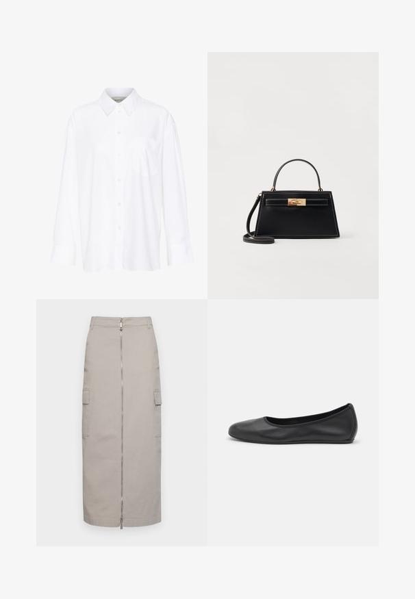 Balta ilgomis rankovėmis marškiniai su apykakle, pagaminti iš medvilnės. Su mygtukų užsegimu priekyje ir viena krūtinės kišenė. Lygus paviršius, laisvas siluetas.; Kelnių ilgio pilka sijonas iš medvilnės su priekiniais užtrauktukais ir dviem šoninėmis kišenėmis, pasižymintis tiesiu kirpimu ir švariomis linijomis.; Juodai odiniai baletai su apvaliu pirštu, lygi texture, minimalus siuvimo detales ir lanksčiu padų dizainu.; Juodas odinis rankinukas su struktūrine trapezoidine forma, auksinė hardware užsegimas ir kontrastinga balta siuvinėjimo. Įskaičiuotas trumpas rankenos ir ilgas dirželis.