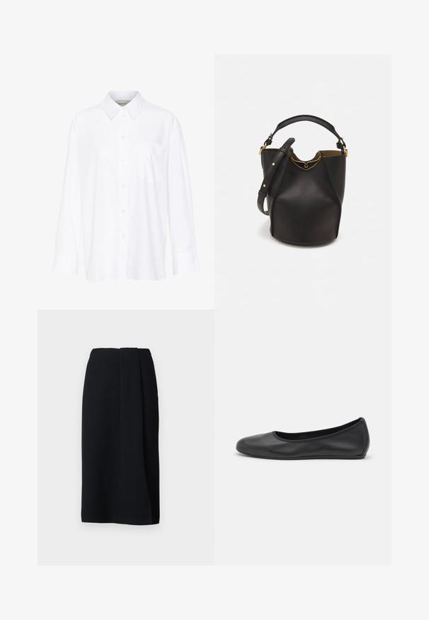 Bílá košile s dlouhým rukávem a límečkem vyrobená z bavlny. Má knoflíkovou přední část a jedno kapsičku na prsou. Hladký povrch, volný střih.; WEEKEND MaxMara DEBORAH - Pouzdrová sukně - nero; Černé kožené baletní byty s kulatou špičkou, hladkou texturou, minimálními švy a flexibilním designem podrážky.; Černá kožená kabelka ve tvaru vědra s texturovaným povrchem, zlatými kovovými akcenty a otevřeným vrchem. Obsahuje krátkou rukojeť a nastavitelný ramenní popruh.