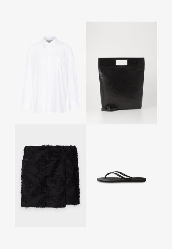 Camisa branca de manga longa com colarinho feita de algodão. Apresenta uma parte frontal com botões e um único bolso no peito. Textura suave, corte descontraído.; Saia preta com tecido texturizado apresentando acabamentos desfiados. Forma quadrada, comprimento acima do joelho e um detalhe de botão lateral.; Chinelo preto com sola de borracha texturizada, duas tiras finas e um detalhe de logotipo discreto em relevo na tira.; Saco tote de couro preto com uma pega quadrada, apresentando um acabamento texturizado e logotipo em relevo. Inclui uma alça destacável.