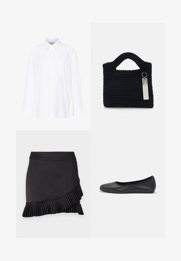 Valkoinen pitkähihainen kauluspaita, joka on valmistettu puuvillasta. Paidassa on napitettava etuosuus ja yksi rintatasku. Pehmeä pinta, rento malli.; Mustapuku, jossa on laskostettu helma, tyylikäs muotoilu, sileä rakenne ja epäsymmetrinen leikkaus alareunassa.; Musta nahkainen ballerina, jossa on pyöristetty kärki, sileä pinta, minimaalinen ommelkoristelu ja joustava pohjamuotoilu.; Won Hundred MARSIELLE COMPUTER BAG UNISEX - Tietokonelaukku - black