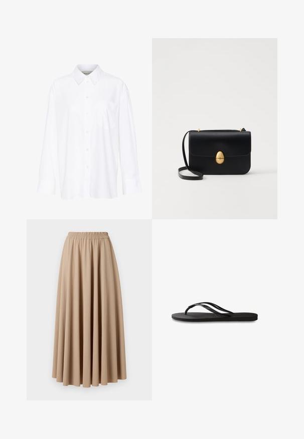 Camicia bianca a maniche lunghe con colletto in cotone. Caratterizzata da una chiusura con bottoni e una tasca sul petto singola. Tessuto liscio, vestibilità comoda.; Gonna maxi beige con vita elastica, realizzata in tessuto morbido con un design fluente e plissettato. Texture liscia, colore uniforme.; Infradito neri con suola in gomma testurizzata, due cinghie sottili e un sottile dettaglio del logo impresso sulla cinghia.; Borsa a tracolla in pelle nera con forma rettangolare strutturata. Presenta una chiusura ovale dorata e una sottile tracolla. Texture liscia.