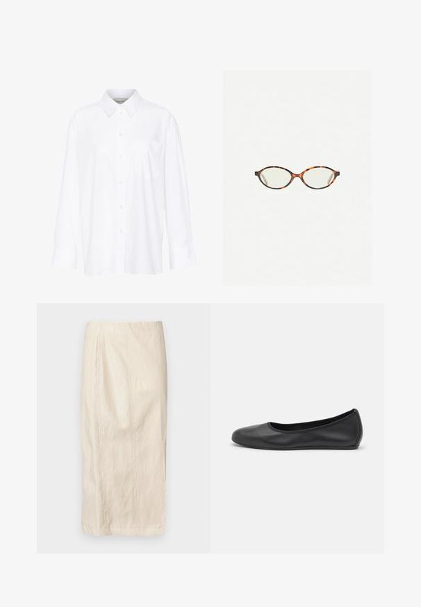Vit långärmad skjorta med krage i bomull. Har en knapp-down fram och en enda bröstficka. Slät textur, avslappnad passform.; Krämfärgad, knälång kjol med plisserad design, tillverkad av lätt material. Har vertikala sömmar och en slät, något texturerad yta.; Svart läderballerinaskor med rund tå, slät yta, minimala söm detaljer och en flexibel sula.; Sköldpaddsmönstrade glasögon med ovala linser och en elegant, slät yta. Har tunna sidor med en subtil kurva vid tinningarna. Klara linser.