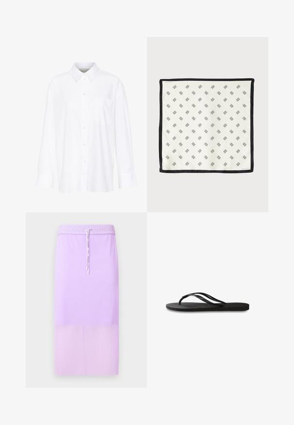Biała, długosleeve'owa koszula z kołnierzykiem, wykonana z bawełny. Posiada zapięcie na guziki z przodu oraz jedną kieszeń na piersi. Gładka tekstura, luźny krój.; Lawendowa, prążkowana spódnica midi z elastycznym paskiem w talii i regulowanym sznurkiem. Gładka faktura, prosta sylwetka i jednolity kolor.; Czarne klapki z teksturowaną gumową podeszwą, dwiema smukłymi paskami oraz subtelnym, wytłoczonym logo na pasku.; Biała jedwabna chusta z powtarzającym się czarnym wzorem geometrycznym, obszyta solidnym czarnym brzegiem. Lekka o gładkiej teksturze.
