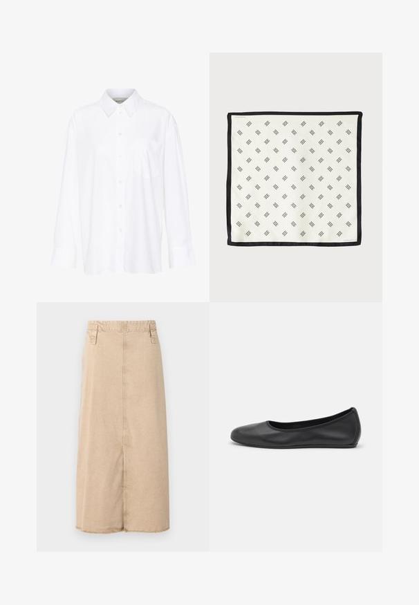 Balta ilgomis rankovėmis marškiniai su apykakle, pagaminti iš medvilnės. Su mygtukų užsegimu priekyje ir viena krūtinės kišenė. Lygus paviršius, laisvas siluetas.; Smėlinis džinsinis sijonas iki vidurio blauzdų, su nusidėvėjusių kraštų apdaila, dviem šoniniais kišenėmis ir siuvinėjimais ant liemens.; Juodai odiniai baletai su apvaliu pirštu, lygi texture, minimalus siuvimo detales ir lanksčiu padų dizainu.; Baltas šilkinis šalikas, dekoruotas juoda geometrine raštu, su tvirtu juodu kraštu. Lengvas ir glotnaus paviršiaus.; Ruda suede rankinė su lenkta forma, trumpa rankena ir auksiniais detalių akcentais. Lygus paviršius ir minimalistinis dizainas.