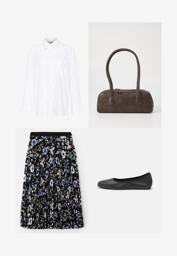 Chemise blanche à manches longues avec col, en coton. Présente un devant à boutons et une poche poitrine unique. Texture lisse, coupe décontractée.; Jupe plissée avec une base noire ornée d'un motif floral dans des nuances de bleu, blanc et rose. Taille élastique avec un détail de logo.; Ballerines en cuir noir avec un bout rond, texture lisse, détails de couture minimalistes et design de semelle flexible.; Sac à main en cuir marron avec deux poignées robustes, de forme rectangulaire, texture lisse et fermeture zippée. Design minimaliste sans motifs visibles.