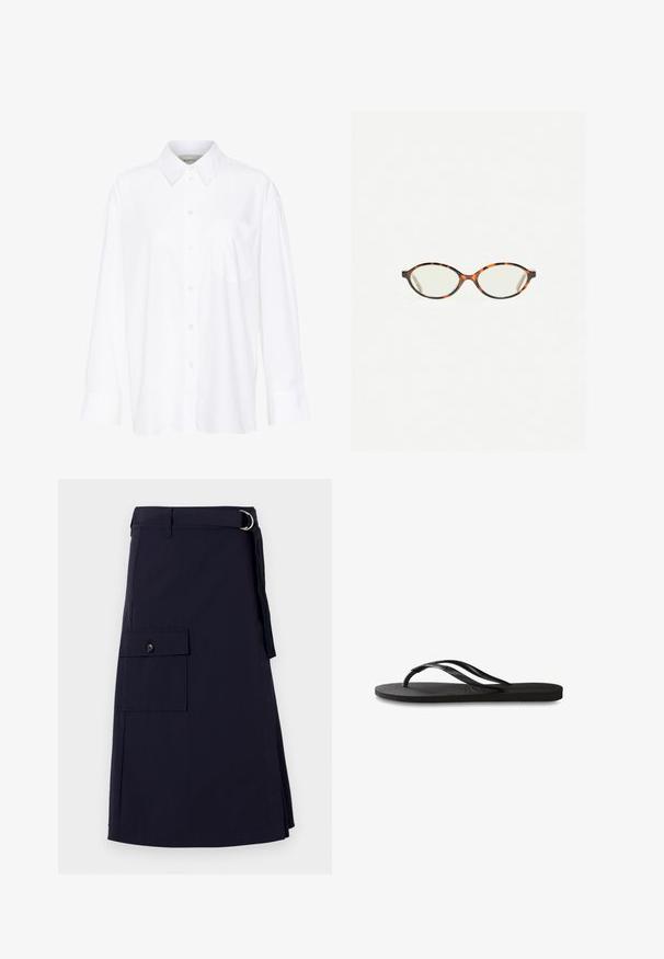 Bijela košulja dugih rukava s kragnom, izrađena od pamuka. Ima kopčanje s gumbima sprijeda i jednu džep na prsima. Glatka tekstura, ležeran kroj.; Temno plavi suknja sa strukturiranim dizajnom, koja ima bočnu cargo džep i metalni D-prsten kao dekoraciju. Izrađena od izdržljivog materijala.; Crne japanke s teksturiranom gumenenom potplatom, dva uska remena i suptilnim, urezanim logom na remenu.; Naočale u boji kornjače s ovalnim staklima i elegantnim, glatkim završetkom. Imaju tanke strane s suptilnom krivuljom na sljepoočnicama. Prozirna stakla.