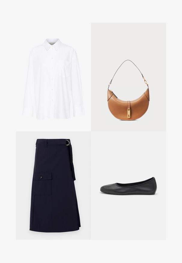 Chemise blanche à manches longues avec col, en coton. Présente un devant à boutons et une poche poitrine unique. Texture lisse, coupe décontractée.; Jupe bleu marine au design structuré, dotée d'une poche cargo sur le côté et d'un accent de ceinture en métal en forme de D. Fabriquée en tissu durable.; Ballerines en cuir noir avec un bout rond, texture lisse, détails de couture minimalistes et design de semelle flexible.; Sac à main en cuir tan avec une forme incurvée, quincaillerie dorée et une fine bandoulière. Présente une fermeture éclair et un détail de logo à l'avant.