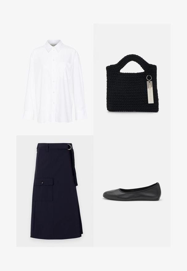 Valkoinen pitkähihainen kauluspaita, joka on valmistettu puuvillasta. Paidassa on napitettava etuosuus ja yksi rintatasku. Pehmeä pinta, rento malli.; Tummansininen hame, jossa on jämäkkä muotoilu, sivussa cargo-tasku ja metallinen D-rengasvyökoriste. Valmistettu kestävästä kankaasta.; Musta nahkainen ballerina, jossa on pyöristetty kärki, sileä pinta, minimaalinen ommelkoristelu ja joustava pohjamuotoilu.; Won Hundred MARSIELLE COMPUTER BAG UNISEX - Tietokonelaukku - black