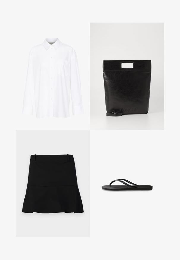 Witte lange mouwen overhemd met kraag van katoen. Voorzien van een knoopsluiting aan de voorkant en een enkele borstzak. Een gladde textuur en een ontspannen pasvorm.; Zwarte korte rok met een lichte uitlopende zoom en riemlussen op de tailleband op een witte achtergrond.; Zwarte flip-flop met een gestructureerde rubberen zool, twee slanke banden en een subtiele, ingedrukte logo-detail op de band.; Zwarte leren draagtas met een vierkant handvat, met een gestructureerde afwerking en een reliëflogo. Inclusief een afneembare schouderband.