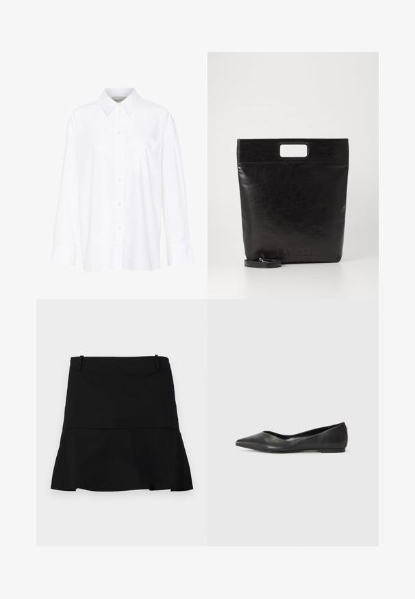 Witte lange mouwen overhemd met kraag van katoen. Voorzien van een knoopsluiting aan de voorkant en een enkele borstzak. Een gladde textuur en een ontspannen pasvorm.; Zwarte korte rok met een lichte uitlopende zoom en riemlussen op de tailleband op een witte achtergrond.; Zwarte leren ballerina met een spitse neus, lage hak en een gladde structuur. Minimalistisch ontwerp met een subtiele zijaccent.; Zwarte leren draagtas met een vierkant handvat, met een gestructureerde afwerking en een reliëflogo. Inclusief een afneembare schouderband.