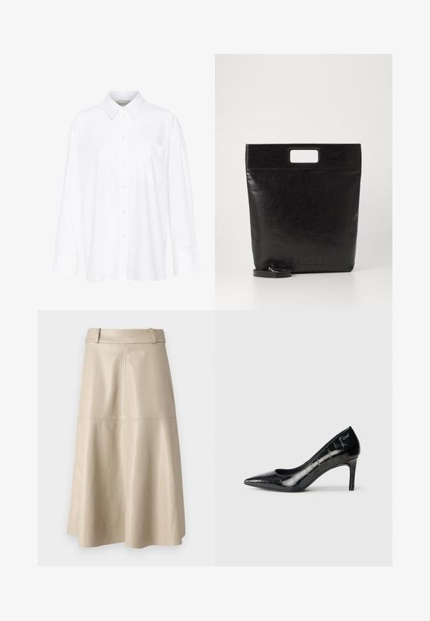 White long-sleeve collared shirt made of cotton. Features a button-down front and a single chest pocket. Smooth texture, relaxed fit.; Beige leather midi skirt with a smooth texture, wide waistband, and flared hem; features stitched seams for added detail.; Black pointed-toe high heels with a glossy finish and subtle textured pattern. Features a moderate heel and open throat design.; Black leather tote bag with a square handle, featuring a textured finish and embossed logo. Includes a detachable strap.