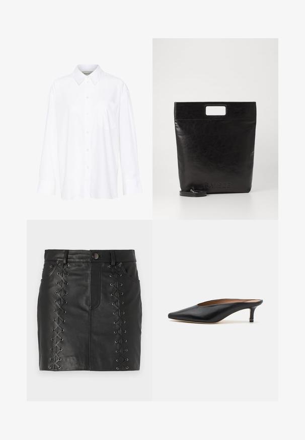 Chemise blanche à manches longues avec col, en coton. Présente un devant à boutons et une poche poitrine unique. Texture lisse, coupe décontractée.; Mini-jupe en cuir noir avec un laçage sur les côtés agrémenté d'œillets en métal, design à cinq poches et silhouette ajustée.; Mules en cuir noir avec un bout pointu et un petit talon carré. Texture lisse avec un design épuré. Dos ouvert avec un minimum de détails.; Sac fourre-tout en cuir noir avec une poignée carrée, arborant une finition texturée et un logo en relief. Comprend une bandoulière amovible.