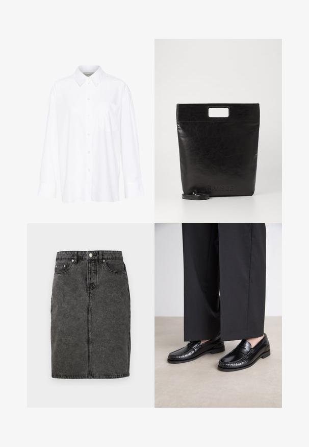 Balta ilgomis rankovėmis marškiniai su apykakle, pagaminti iš medvilnės. Su mygtukų užsegimu priekyje ir viena krūtinės kišenė. Lygus paviršius, laisvas siluetas.; Juodas džinsinis sijonas su tiesiu kirpimu, priekyje užsegamas knopkėmis, su diržo kilpomis ir subtiliu blukimo efektu, turintis dvi šonines kišenes.; Juodi odiniai loaferiai su lygia apdaila, siuvinėjimu aplink pirštą ir žema gumine padu. Derinami su plačiomis juodomis kelnių.; Juoda odinė rankinė su kvadratiniu rankenu, su tekstūruotu paviršiumi ir įspaustu logotipu. Įeina nusiimama diržas.