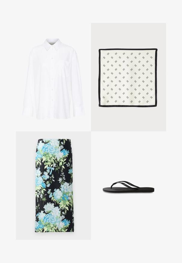 Fehér, hosszú ujjú, galléros ing, amely pamutból készült. Gombos elülső része és egyetlen mellzsebe van. Simított textúra, laza szabás.; Fekete szövetből készült virágos ceruzaszoknya, amelyen nagy kék és zöld hortenzia, valamint kis fehér virágok találhatók, világoskék masnival kiemelve.; Fekete papucs texturált gumitalppal, két vékony pánttal és finom, domború logóval a pánton.; Fehér selyem sál, amely ismétlődő fekete geometrikus mintával rendelkezik, és szilárd fekete szegéllyel van szegve. Könnyű, sima textúrával.