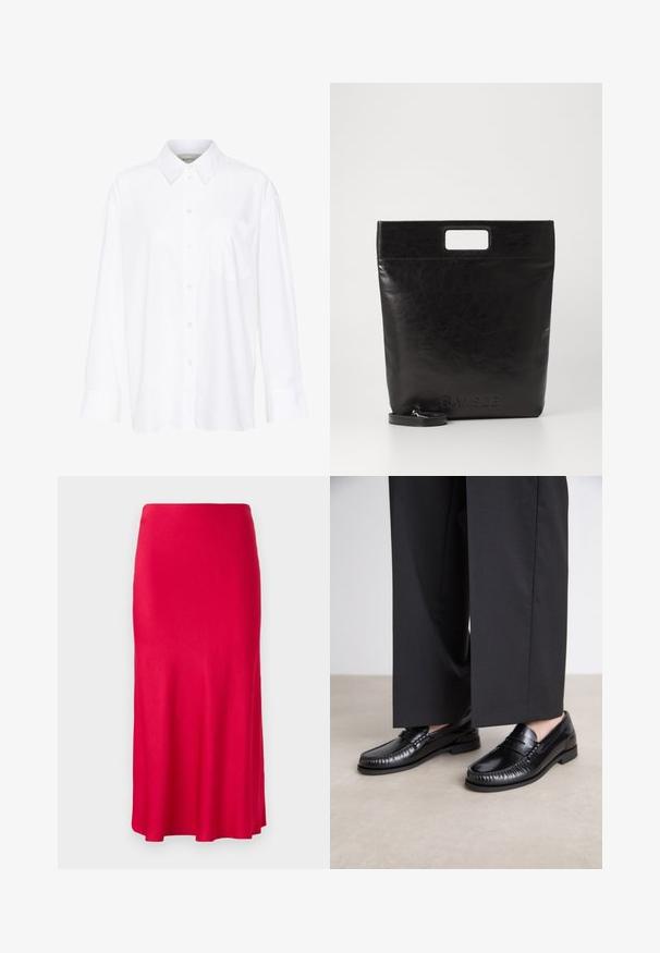 White long-sleeve collared shirt made of cotton. Features a button-down front and a single chest pocket. Smooth texture, relaxed fit.; Red, midi-length skirt made of smooth, stretchy fabric. Fitted at the top with a flared bottom and no visible fastenings or patterns.; Black leather loafers with a smooth finish, stitched detailing around the toe, and a low rubber sole. Paired with wide black trousers.; Black leather tote bag with a square handle, featuring a textured finish and embossed logo. Includes a detachable strap.