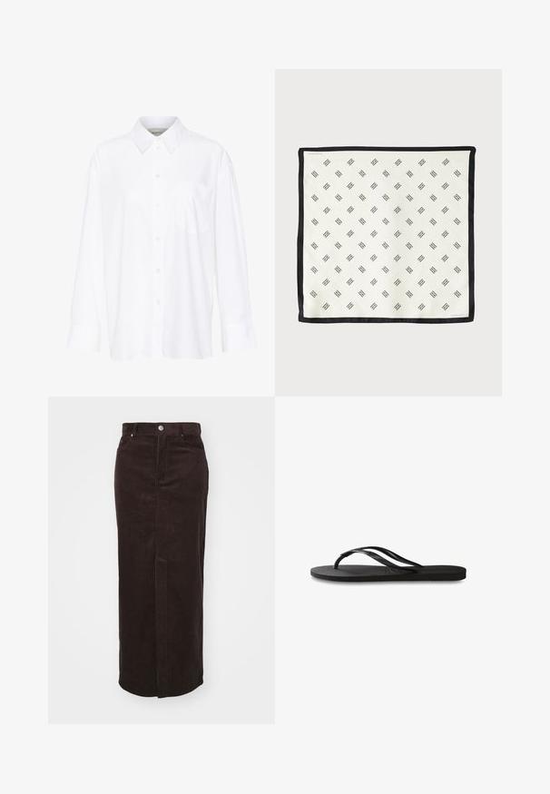 Hvid langærmet skjorte med krave lavet af bomuld. Har en knaplukning fortil og en enkelt brystlomme. Glat tekstur, afslappet pasform.; Brun kordfløjl maxi-nederdel med lodret ribbet struktur, lige snit, knaplukning foran og to sidelommer.; Sorte flip-flop med en tekstureret gummisål, to slanke stropper og et subtilt, præget logodetalje på stroppen.; Hvid silke tørklæde med et gentagende sort geometrisk mønster, kantet med en solid sort kant. Letvægtig med en glat tekstur.