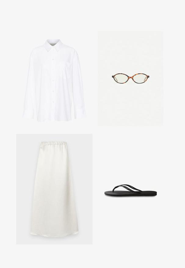 Chemise blanche à manches longues avec col, en coton. Présente un devant à boutons et une poche poitrine unique. Texture lisse, coupe décontractée.; Jupe blanche longueur cheville en tissu lisse et léger, avec une taille froncée et une finition texturée subtile.; Tongs noires avec une semelle en caoutchouc texturée, deux fines lanières et un détail de logo embossé subtil sur la lanière.; Lunettes en écaille de tortue avec des verres ovales et une finition lisse et élégante. Présente des branches fines avec une courbure subtile au niveau des tempes. Verres transparents.