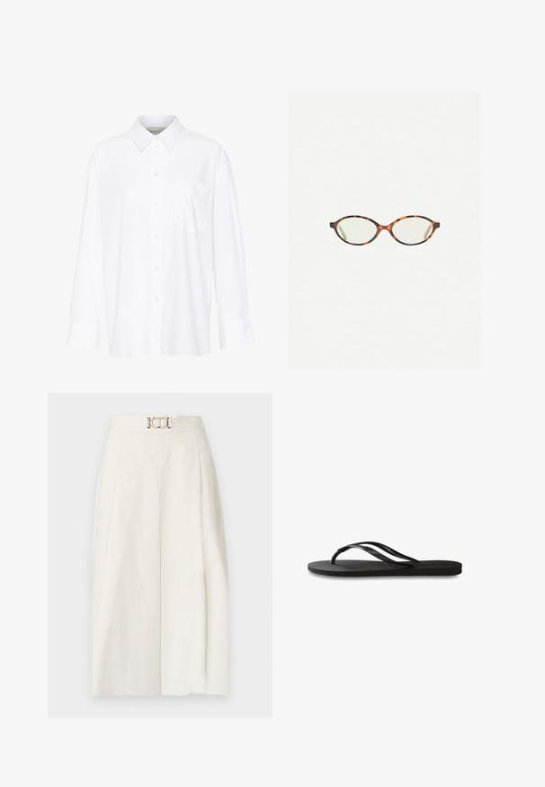 Bela dolga majica s kragnico iz bombaža. Ima gumbno zapenjanje spredaj in eno žep na prsih. Gladka tekstura, sproščen kroj.; Široke hlače iz belega bombažnega blaga. Imajo visok pas z naborkom spredaj in detajlom metalne zaponke. Gladka tekstura.; Črne natikače z teksturirano gumijasto podlogo, dvema ozkima trakoma in subtilnim, vtisnjenim logom na traku.; Kornjačaste očala z ovalnimi lečami in gladko, sijočo površino. Imajo tanke stranice z rahlim ovinkom na templjih. Prosojne leče.