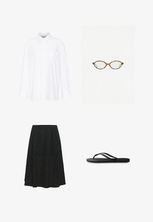 Hvid langærmet skjorte med krave lavet af bomuld. Har en knaplukning fortil og en enkelt brystlomme. Glat tekstur, afslappet pasform.; Sort nederdel lavet af tekstureret stof med et subtilt geometrisk mønster, med en udvidet design og plisseringer for ekstra volumen.; Sorte flip-flop med en tekstureret gummisål, to slanke stropper og et subtilt, præget logodetalje på stroppen.; Skildpaddebriller med ovale linser og en elegant, glat finish. Har tynde sider med en subtil kurve ved tindingerne. Klare linser.